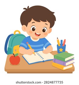 Cheerful school boy writing homework at a desk surrounded by books and classroom supplies