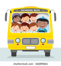 Cheerful school bus driver and children. Vector illustration of a school bus driver and happy school kids on the road.