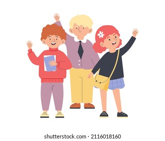 Cheerful school children raising hand in greeting friendly gesture, flat vector illustration isolated on white background. Kids waving hands in welcome or greeting.