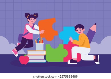 Cheerful school kids assembling puzzle pieces with educational supplies in vibrant classroom setting. Education concept