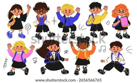 Cheerful school kids going to school set. Back to school sticker. Doodle style school student. Flat vector illustration.