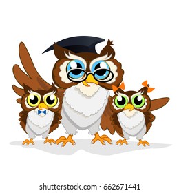 Cheerful school owls. Color vector illustration