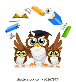 Cheerful school owls. Color vector illustration