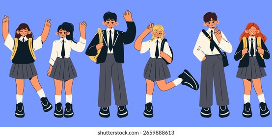Cheerful school students going to school. Back to school concept. Doodle style school boy and girl. Flat vector illustration.