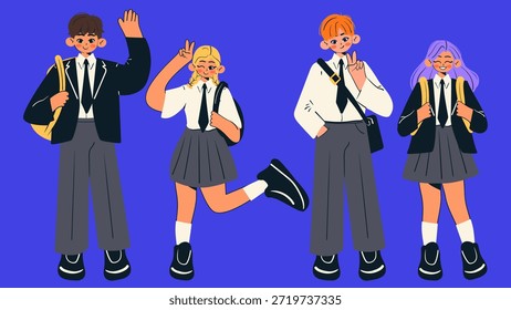 Alunos alegres indo à escola. De volta ao conceito da escola. Garoto e menina de escola estilo Doodle. Ilustração de vetor plano.