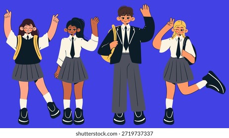 Alumnos alegres que van a la escuela. Concepto de regreso a la escuela. Chico y chica de la escuela de estilo Doodle. Ilustración vectorial plana.