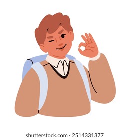 Cheerful schoolboy with backpack winking and showing okay. Vector illustration isolated on white background.