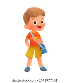 Cheerful schoolboy character with a schoolbag. Cute boy elementary school student ready for learning and back to school. Cartoon vector child character illustration for kids education.