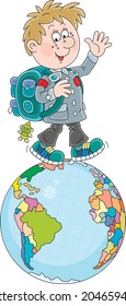 Cheerful schoolboy with his satchel waving his hand in greeting and walking on a spinning globe, vector cartoon illustration isolated on a white background