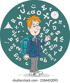 Cheerful schoolboy with his schoolbag surrounded by mathematical formulas and symbols, vector cartoon illustration