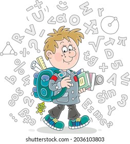 Cheerful schoolboy with his schoolbag and textbooks surrounded by formulas and symbols, vector cartoon illustration isolated on a white background