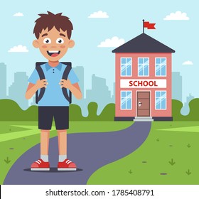 cheerful schoolboy on the background of the school. opening of an educational institution after quarantine. flat vector character illustration.