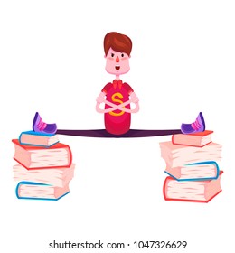 A cheerful schoolboy in red T-shirt and jeans sits in twine on two stacks of textbooks and smiles