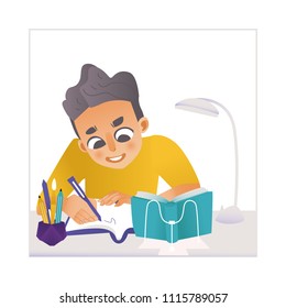 Cheerful schoolboy sitting at desk doing homework writing with pen in notebook. Teen male character studying in school, back to school concept. Young man kid student at table. Vector illustration
