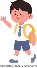 Fröhlicher Schuljunge in Uniform, der Hallo winkt. Neues Semesterbegrüßungskonzept, Vektorgrafik.