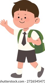 Fröhlicher Schuljunge in Uniform, der Hallo winkt. Neues Semesterbegrüßungskonzept, Vektorgrafik.