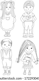Cheerful schoolchildren smiling, drawn by a pen, vector, art drawing