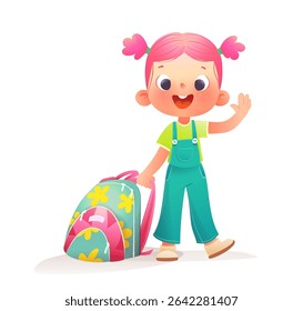 Cheerful schoolgirl character with a backpack waving greeting. Cute girl elementary school student ready for learning and back to school. Cartoon vector child character illustration for kids education