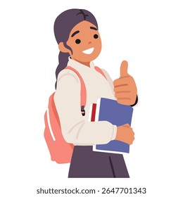 Cheerful schoolgirl giving thumbsup carrying backpack and books beaming happiness and confidence portrait isolated on white. Back to school and successful start of education vector illustration