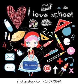 cheerful schoolgirl and graphics school set on a dark background