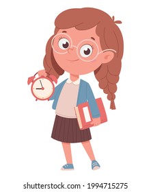 Cheerful schoolgirl holding a book and clock. Funny cartoon character