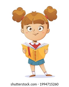 Cheerful schoolgirl holding a book. Funny cartoon character