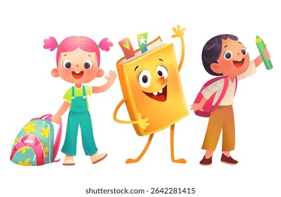 Cheerful schoolgirl schoolboy and a big book characters with backpacks. Elementary school students with book character, back to school clip art. Cartoon vector children illustration for kids education