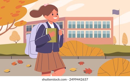 Colegiala Alegre Caminando A La Escuela, Llevando Un Libro Y Usando Mochila, Con El Edificio De La Escuela Y El Follaje De Otoño