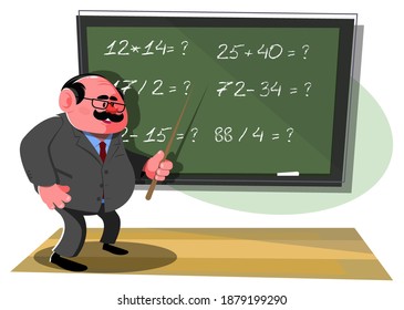 A cheerful schoolteacher with a pointer by the blackboard. The professor is teaching the children. Stock vector illustration