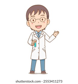 Cheerful Scientist Boy Holding Test Tube.