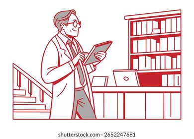 A cheerful scientist wearing glasses and a lab coat interacts with a tablet, standing beside a bookshelf filled with books and a staircase.