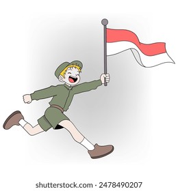 Fröhliche Pfadfinder laufen mit indonesischer Flagge. Ideal für patriotische Illustrationen zum Thema Pfadfinder.