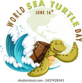 Alegre tortuga de mar con globo terráqueo e ilustración de las olas.