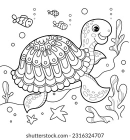 Alegre tortuga marina bajo el agua. Dibujo lineal blanco y negro. Para el diseño infantil de libros de coloreado, impresiones, carteles, tarjetas, pegatinas, acertijos, etc. Vector