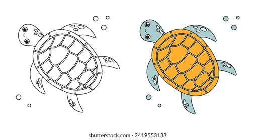 Alegre tortuga marina bajo el agua. Dibujo lineal blanco y negro. Para niños diseño de libros de coloreado, impresiones, carteles, tarjetas, pegatinas, acertijos, etc. Ilustrador de material vector