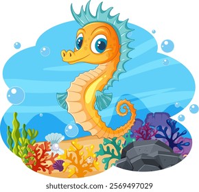 A cheerful seahorse amidst colorful coral and bubbles