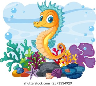 A cheerful seahorse amidst colorful coral and shells