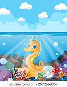 A cheerful seahorse amidst colorful coral and bubbles