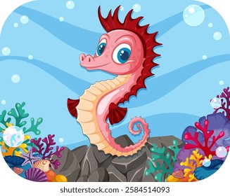 A cheerful seahorse amidst colorful underwater coral scenery