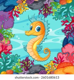 A cheerful seahorse surrounded by colorful coral and rocks