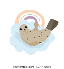 a cheerful seal lies on a cloud and waves its flippers. children's vector illustrator isolated on a white background.