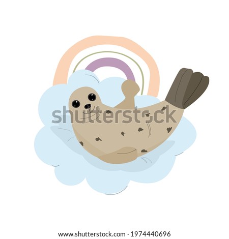 a cheerful seal lies on a cloud and waves its flippers. children's vector illustrator isolated on a white background.