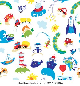 Cheerful seamless background with pictures of all means of transport