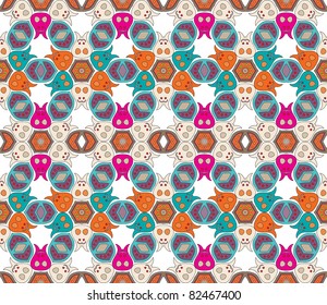 Cheerful, seamless and colorful floral pattern with dots on a creme background