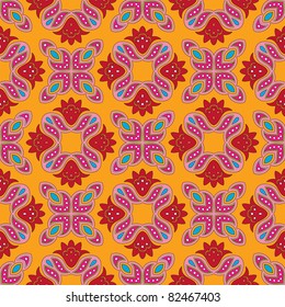 Cheerful, seamless and colorful floral pattern with dots on a bright orange background