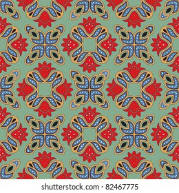 Cheerful, seamless and colorful floral pattern with dots on a green background
