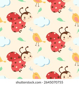A cheerful seamless cute cartoon ladybugs pattern, cute cartoon ladybugs, birds, clouds, and leaves on a soft background. For children's designs, fabric, textiles, print, background, wallpaper, kids.