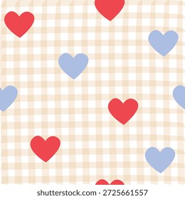 Um padrão alegre e sem emenda do Dia dos Namorados com formas de coração dispersas em coral rosa avermelhado e quente sobre um fundo de verificação de gingham rosa suave. A paleta pastel leve e estilo simples de ilustração plana criam um olhar doce, aconchegante e divertido. Perfeito para embrulho de presente, tecido, artigos de papelaria, cartões de felicitações, decoração de festa, scrapbooking, produtos infantis e marca sazonal romântica.