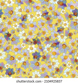 Cheerful seamless EPS10 pattern with colorful spring flowers. Rainbow and white daffodils on illuminating yellow. Ditsy design for children apparel in small scale, for bed linen in large scale.