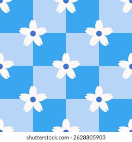 Alegre padrão floral sem emenda com flores geométricas em quadriculado grade. Ilustração de vetor plana colorida. Projeto retrô de verão